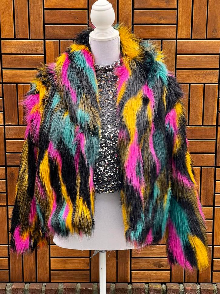 Multicolor gekleurde bontjas, Kleding | Dames, Carnavalskleding en Feestkleding, Gedragen, Kleding, Carnaval, Maat 36 (S), Ophalen of Verzenden