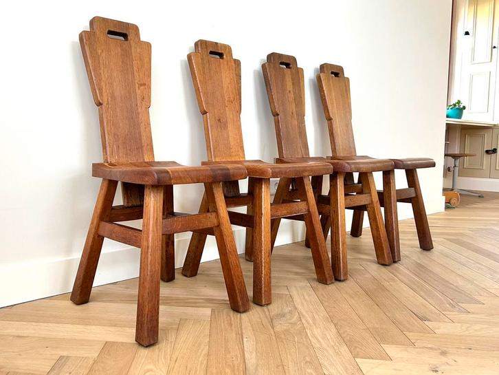 Set 4 vintage stoel massief eiken brutalist jaren 60/70, Huis en Inrichting, Stoelen, Gebruikt, Vier, Hout, Bruin, Ophalen