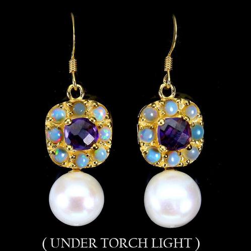 oorbellen 925 zilver 14 k verguld met Amethist & Parel uniek, Sieraden, Tassen en Uiterlijk, Oorbellen, Nieuw, Hangers, Zilver