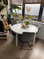 Ronde witte eettafel met verlengstuk, Huis en Inrichting, Ophalen, 100 tot 150 cm, Rond, Zo goed als nieuw