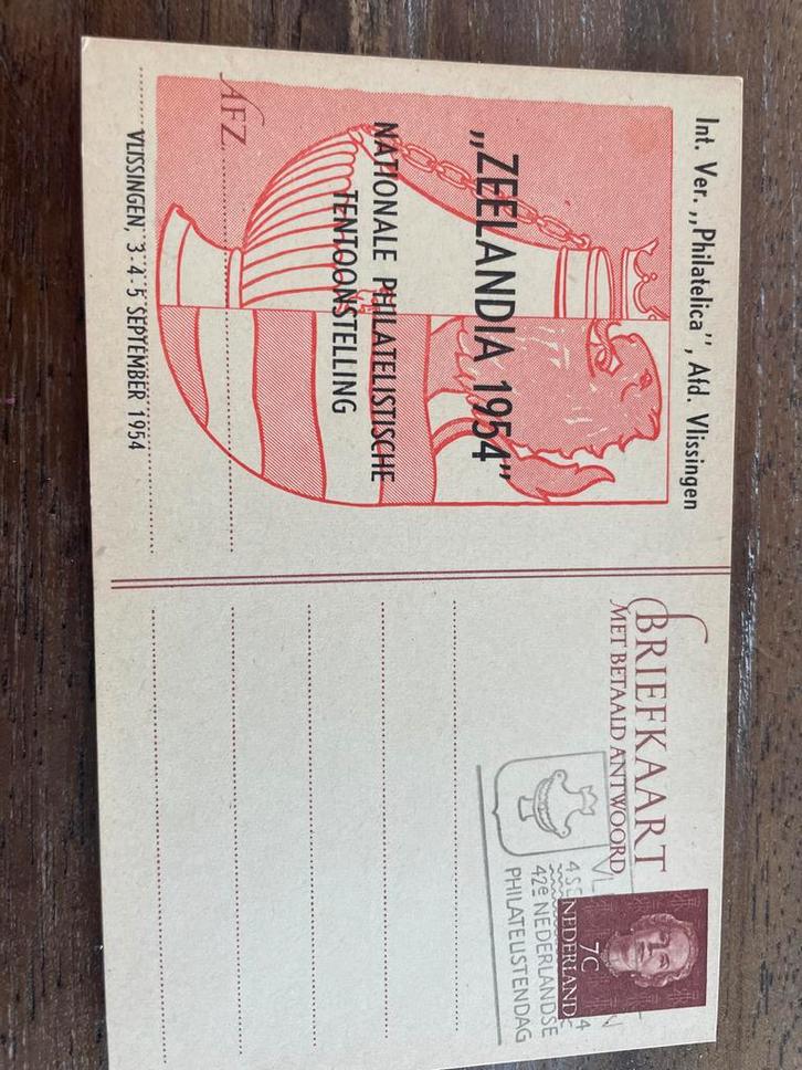 2x Briefkaart Philatica Zeelandia 1954, Verzamelen, Ansichtkaarten | Nederland, Ongelopen, Zeeland, 1940 tot 1960, Ophalen of Verzenden