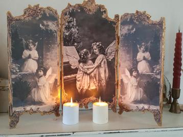 Brocante stijl nostalgische kerst drieluik met engeltjes  beschikbaar voor biedingen
