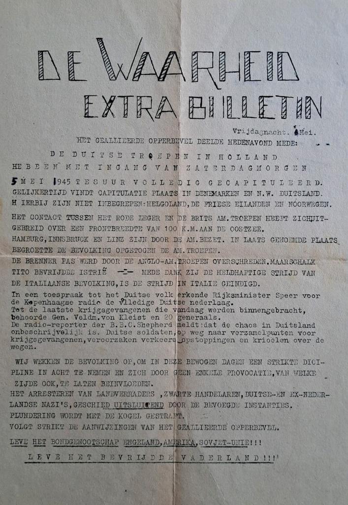 Origineel bulletin De Waarheid capitulatie Duitsland, Verzamelen, Militaria | Tweede Wereldoorlog, Duitsland, Ophalen of Verzenden