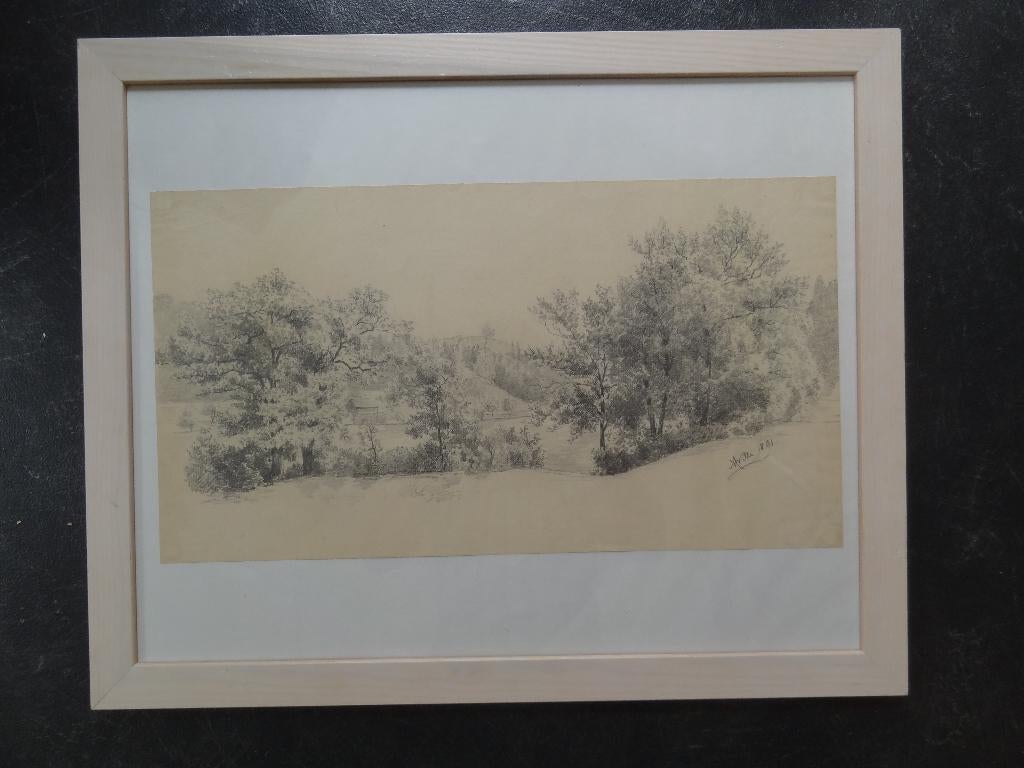 Potloodtekening landschap met bomen beekje Anna Willi 1891, Antiek en Kunst, Verzenden