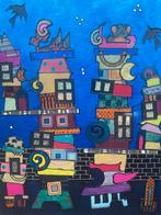 Kleurrijke abstracte schilderijen blauw bordeau rood, Antiek en Kunst, Verzenden