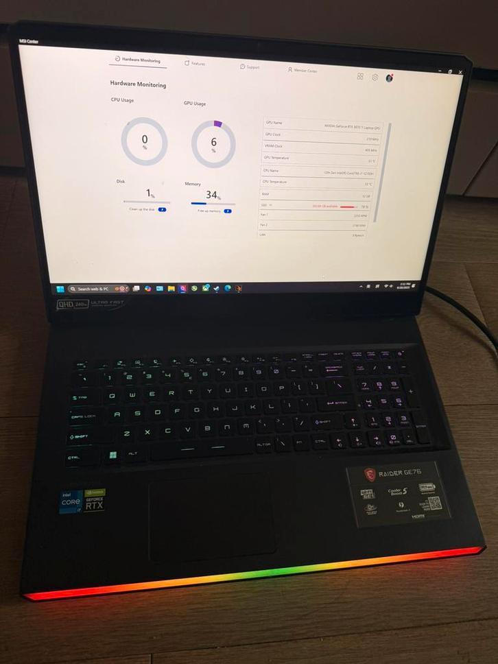 msi gaming laptop ge76 12700h/3070ti/32g/1t, Computers en Software, Windows Laptops, Zo goed als nieuw, 15 inch, SSD, 2 tot 3 Ghz