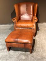 Leren Oorfauteuil + Hocker - Bendic Design, Huis en Inrichting, Fauteuils, Ophalen, Gebruikt, Goor, Landelijk Chique