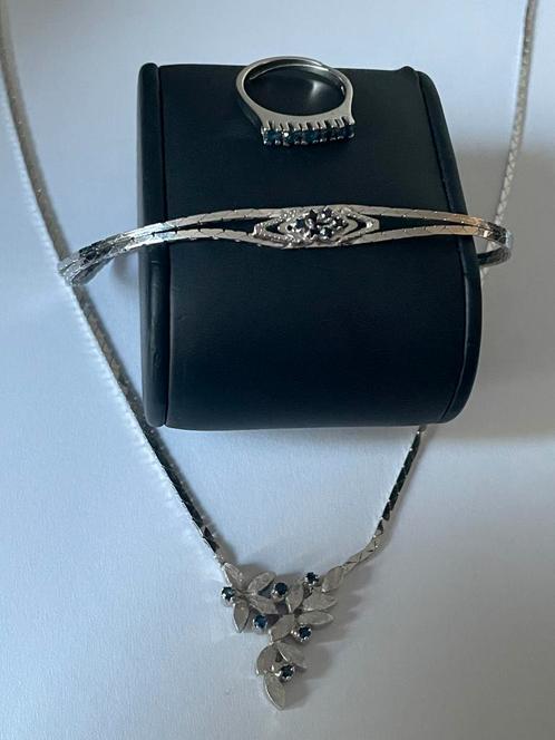 Zilveren vintageset met echte saffier ketting armband ring, Sieraden, Tassen en Uiterlijk, Kettingen, Zo goed als nieuw, Zilver