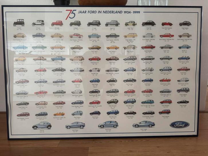 Ford 75 jaar in Nederland poster ingelijst, Verzamelen, Posters, Zo goed als nieuw, Overige onderwerpen, Deurposter of groter