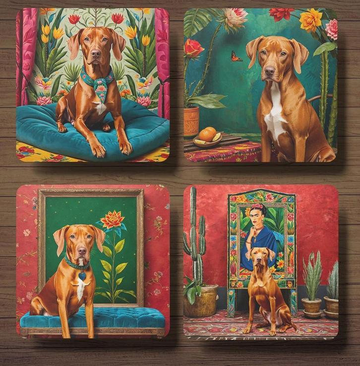 Vizsla Frida Kahlo onderzetters met houder, Huis en Inrichting, Woonaccessoires | Onderzetters, Nieuw, Glas of Kopje, Ophalen of Verzenden