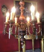 Antieke kroonluchter kristal / hanglamp hout, 6 kandelaars