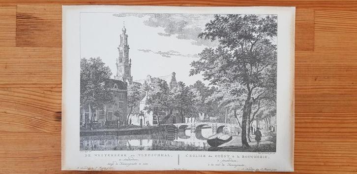 Prent van ets "De Westerkerk en Vleeschhal..." (Amsterdam), Antiek en Kunst, Kunst | Etsen en Gravures, Ophalen of Verzenden