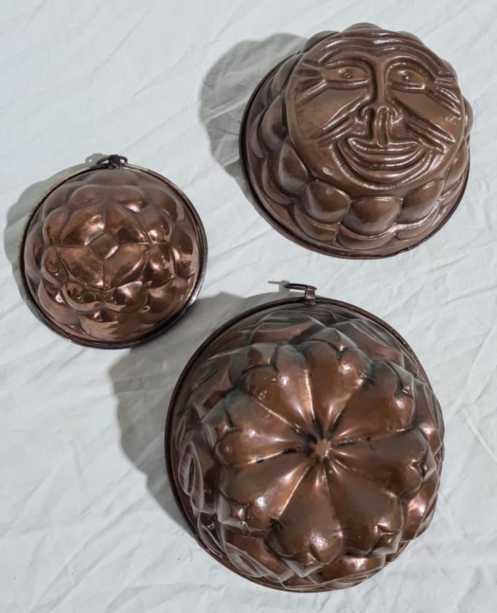 Bakvormen, puddingvormen, jellymoulds, koper, 3 stuks, Antiek en Kunst, Antiek | Keukenbenodigdheden, Ophalen of Verzenden