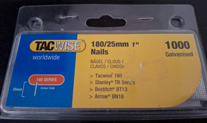 Tacwise 180/25mm Nagels - 1000 stuks, Doe-het-zelf en Verbouw, IJzerwaren en Bevestigingsmiddelen, Nieuw, Spijkers, Minder dan 50 mm