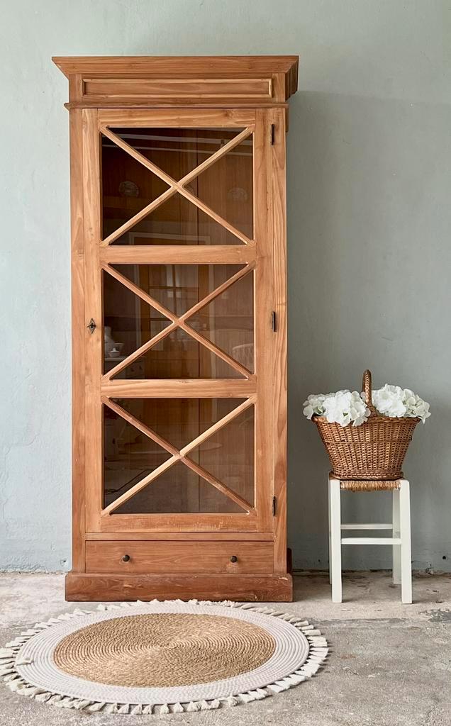 Teak vitrinekast eendeurskast buffetkast halkast servieskast, Huis en Inrichting, Kasten | Vitrinekasten, Zo goed als nieuw, 200 cm of meer