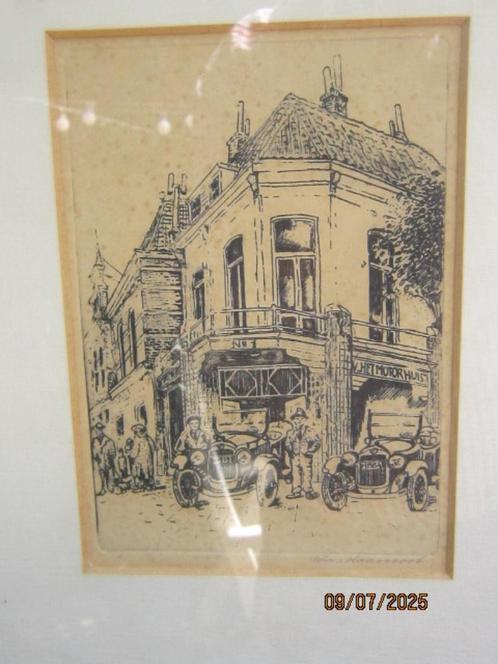 Bas Haasnoot, 1929, Leuke ets MOTORHUIS in Leiden zoals 20 j, Antiek en Kunst, Kunst | Etsen en Gravures, Ophalen