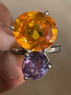 Zilveren robuuste ring saffier en citrien, Sieraden, Tassen en Uiterlijk, Ringen, 18 tot 19, Blauw, Ophalen of Verzenden, Zo goed als nieuw
