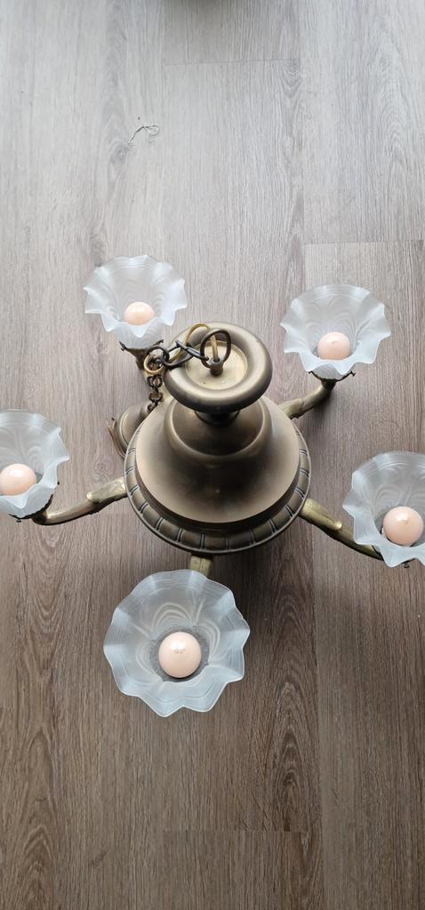 Vintage kroonluchter met glazen bloemkelken, Huis en Inrichting, Lampen | Kroonluchters, Gebruikt, Glas, Metaal, Ophalen of Verzenden