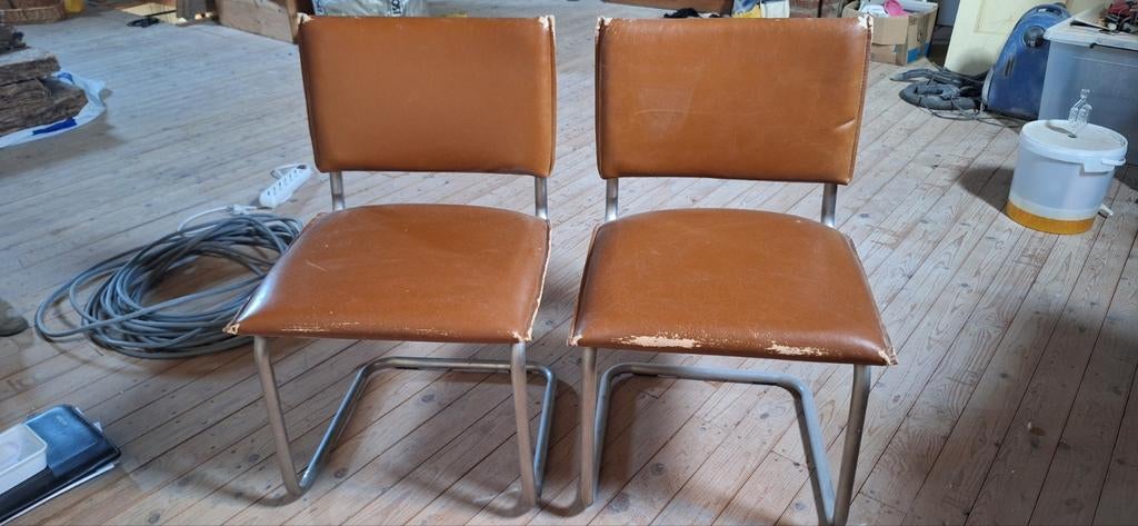 Vintage stoelen 2x kunstleer bruin buisframe, Ophalen, Gebruikt, Bruin, Twee