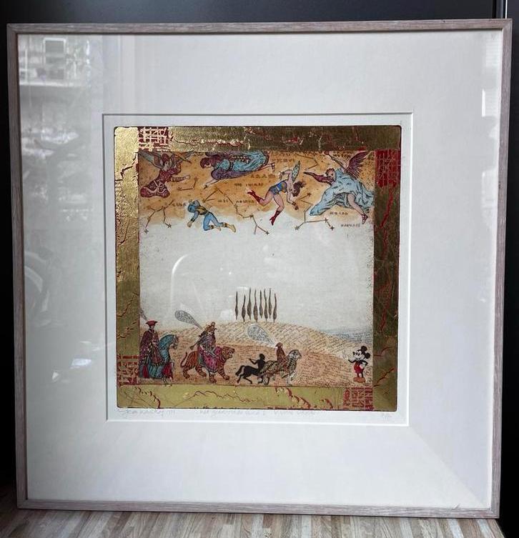 Gea Karhof - V voor Vrede, handgekleurde ets met bladgoud, Antiek en Kunst, Kunst | Etsen en Gravures, Ophalen of Verzenden