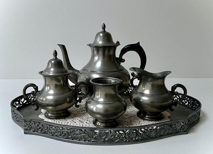 Kurz Edeltin Tiel theeservies 95% tin met dienblad, Huis en Inrichting, Woonaccessoires | Overige, Zo goed als nieuw, Ophalen