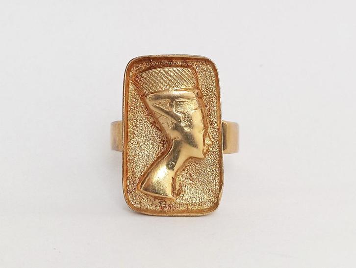 Ring Antiek Egyptian Revival Nefertiti goud op zilver mt 20, Sieraden, Tassen en Uiterlijk, Antieke sieraden, Ring, Zilver, Verguld