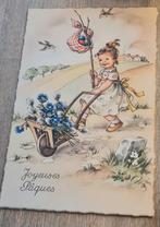 Meisje loopt met kruiwagen bloemen en knapzak paaseieren, Verzenden, Ongelopen