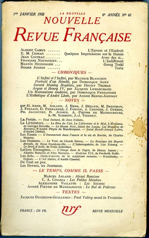 La nouvelle revue francaise, Boeken, Literatuur, Zo goed als nieuw, Europa overig, Ophalen of Verzenden