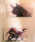 2 schilderijen met wilde stieren, 100x50 cm, rood en zwart, Ophalen of Verzenden