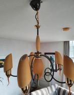 Moderne kroonluchter goud/zwart met cognac kapjes, Huis en Inrichting, Lampen | Kroonluchters, Ophalen, Gebruikt, Glas, Modern