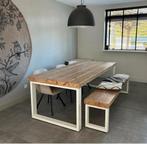 Gave eikenhouten eettafel en eetbank., Huis en Inrichting, Tafels | Eettafels, Eikenhout, 200 cm of meer, Ophalen of Verzenden