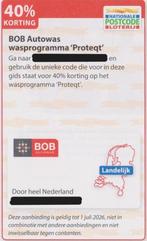 BOB Autowas. 40% korting. Postcodeloterij kortingsbon., Tickets en Kaartjes, Kortingen en Cadeaubonnen, Eén persoon, Kortingsbon