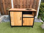 BBQ kast industrieel staal / eiken voor kamado, Tuin en Terras, Ophalen, Gebruikt, Houtskool, Zelf gemaakt