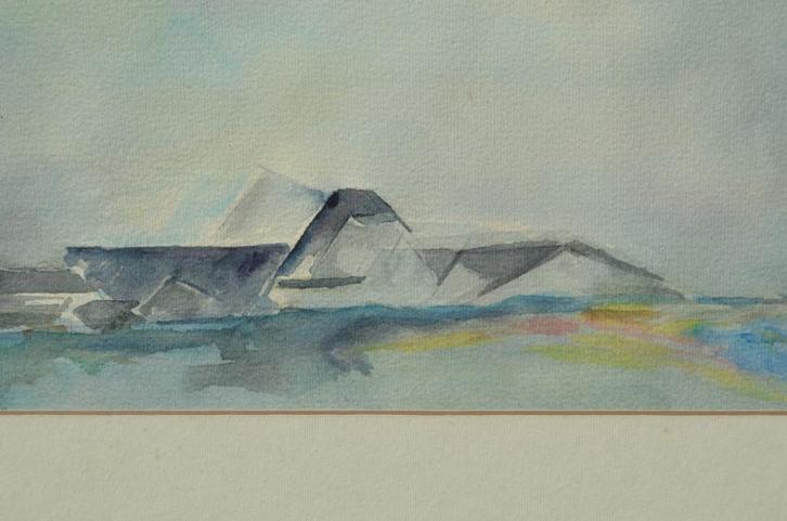 Fraaie aquarel gestileerd landschap/boerderij ipst., Antiek en Kunst, Kunst | Schilderijen | Abstract, Ophalen of Verzenden