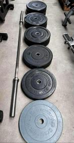 155kg Crossmaxx Bumperplates + Crossmaxx Barbell 220cm ,20kg, Sport en Fitness, Ophalen, Gebruikt, Halterschijven