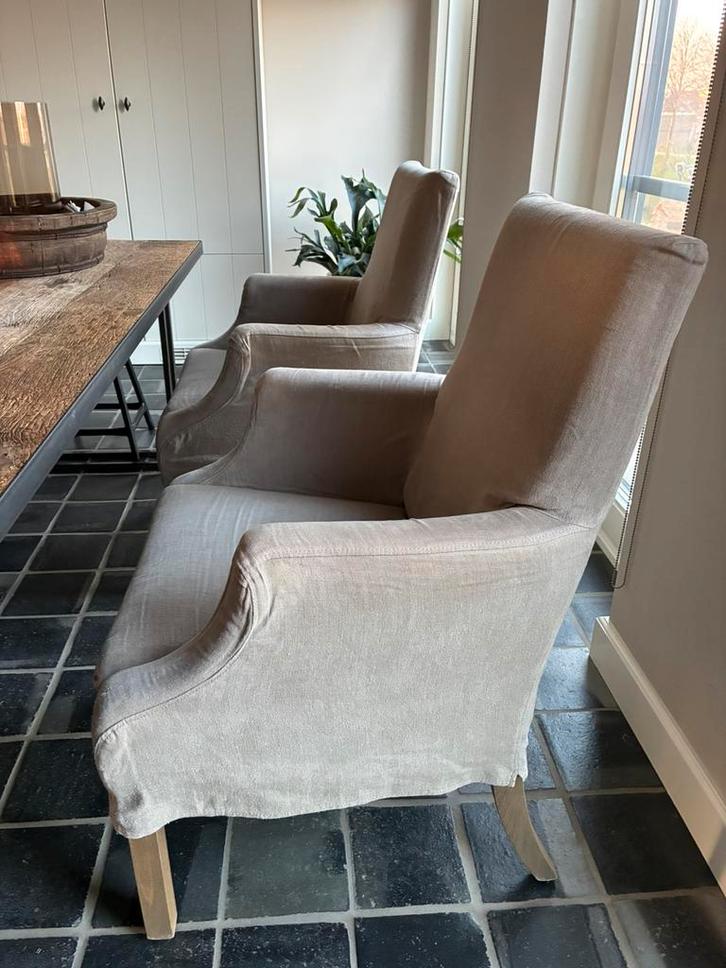 2 eetkamerstoelen van Hoffz interieur, Huis en Inrichting, Stoelen, Gebruikt, Twee, Stof, Bruin, Ophalen