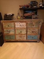 Massief houten Indian/ Ibiza dressoir/ladenkast, Ophalen, Gebruikt, 100 tot 150 cm, Met lade(s)