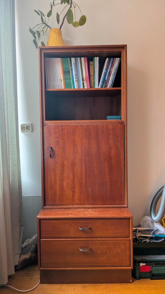 Vintage fineer kast met glazen details, Huis en Inrichting, Kasten | Boekenkasten, Gebruikt, 50 tot 100 cm, 150 tot 200 cm, 25 tot 50 cm