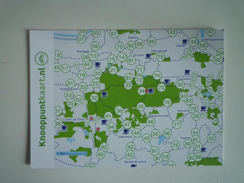 Fietsknopenkaart knooppuntkaart Noord Brabant, Ophalen of Verzenden, 1940 tot 1960, Gelderland