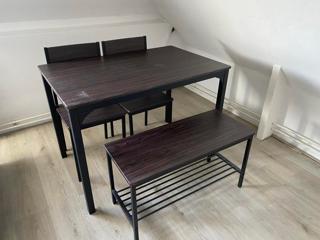 Kleine eettafel met 2 stoelen en bankje - Goede staat, Huis en Inrichting, Tafels | Eettafels, Ophalen, Gebruikt, Tot twee personen