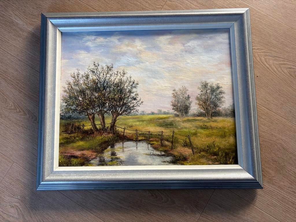 Schilderij Joke de Mooij - Bomen en hek, Ophalen