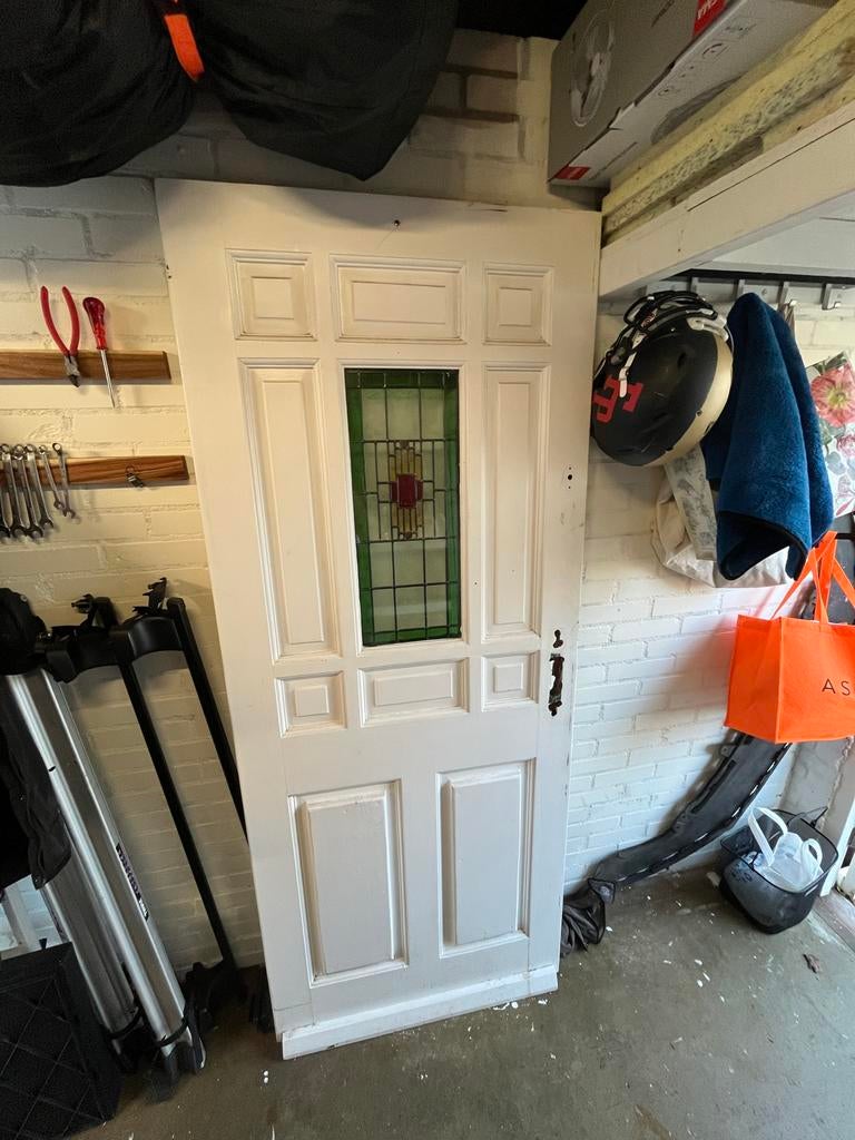 Hardhouten voordeur met glas in lood, Ophalen, Gebruikt, 80 tot 100 cm, Buitendeur