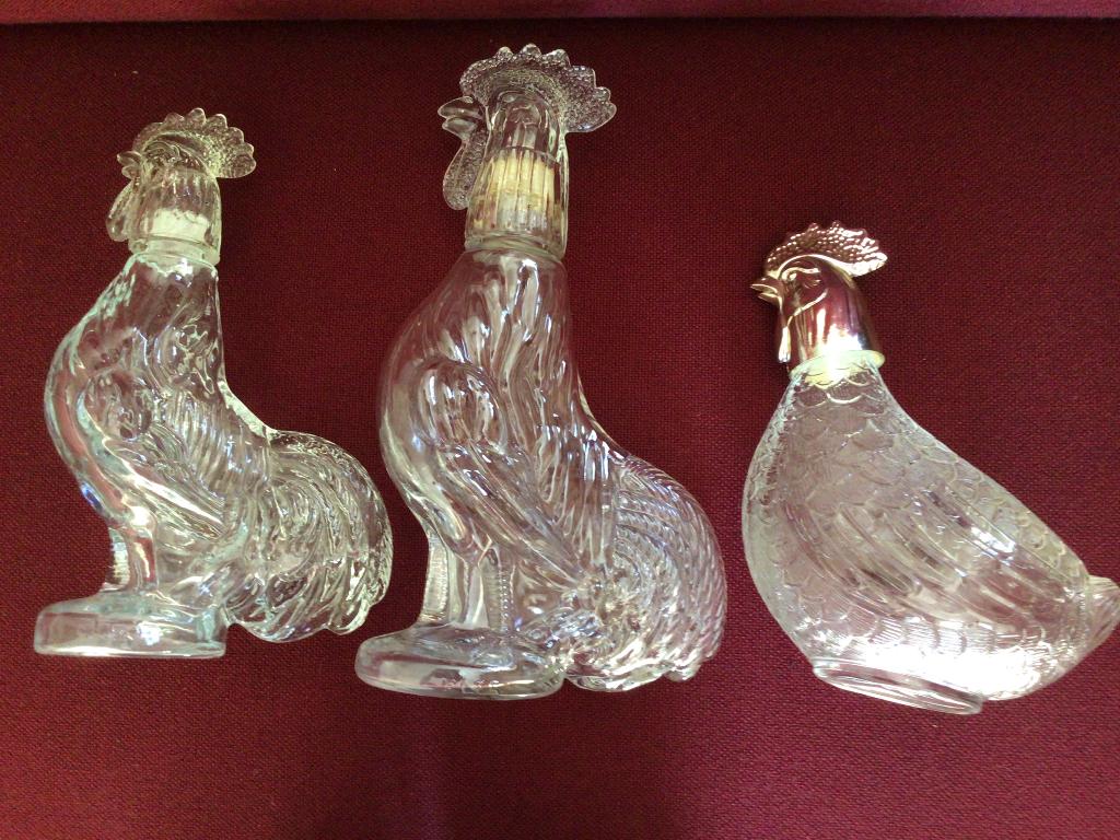 3 vintage glazen ( haan - kip)flessen. Persglas. 1960-70, Antiek en Kunst, Ophalen of Verzenden