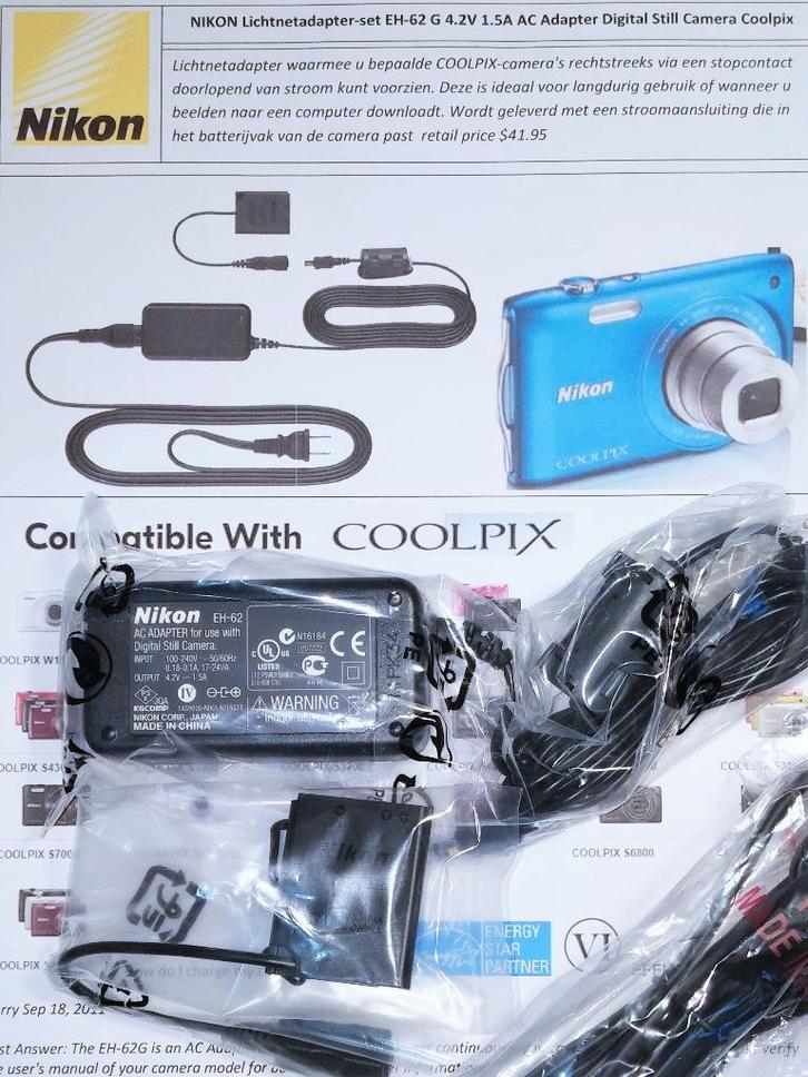 NIKON EH-62G Coolpix EH-62 Adapter lader 4.2V 1.5A 6.3W, Audio, Tv en Foto, Opladers, Nieuw, Ophalen of Verzenden