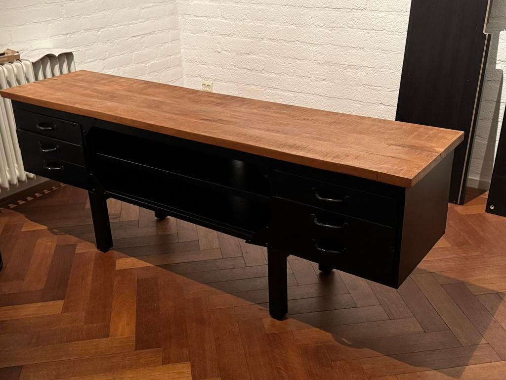 Dressoir zwart staal met mango hout tv meubel, Huis en Inrichting, Kasten | Dressoirs, Ophalen, Met plank(en), Teakhout, 150 tot 200 cm