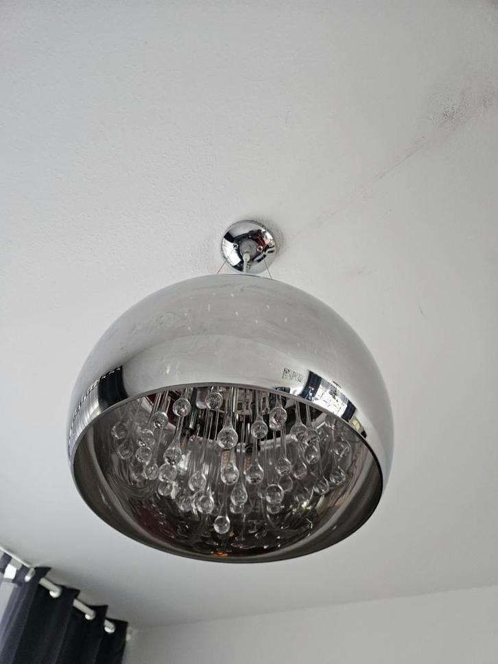 Moderne Hanglamp Chroom met Glazen Druppels, Huis en Inrichting, Lampen | Kroonluchters, Zo goed als nieuw, Glas, Metaal, Ophalen of Verzenden