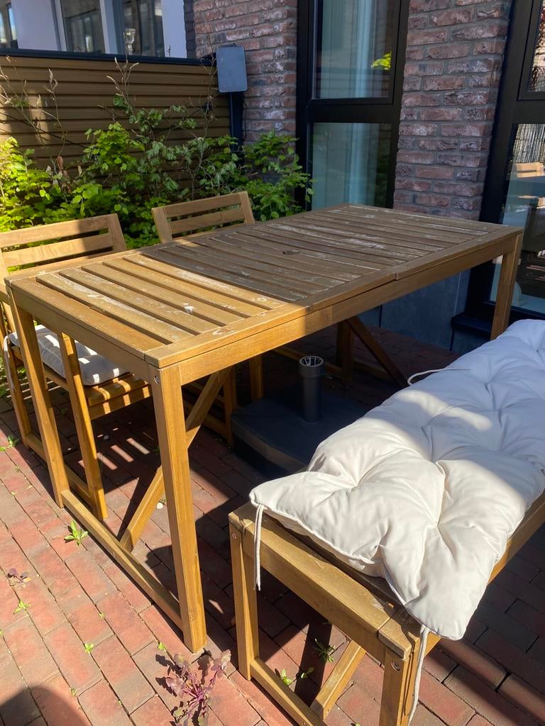 Houten tuinset (eettafel + bank + 2 stoelen), Tuin en Terras, Ophalen, Gebruikt, Hout