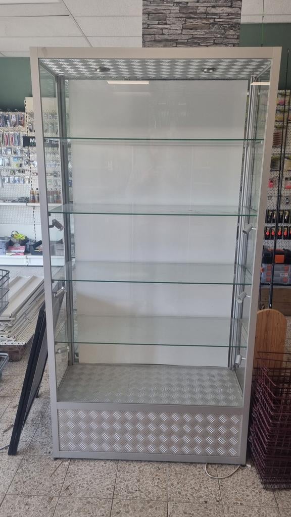 Glazen vitrinekast met aluminium frame en verlichting, Ophalen, Modern, Industrieel, 50 tot 100 cm, Glas