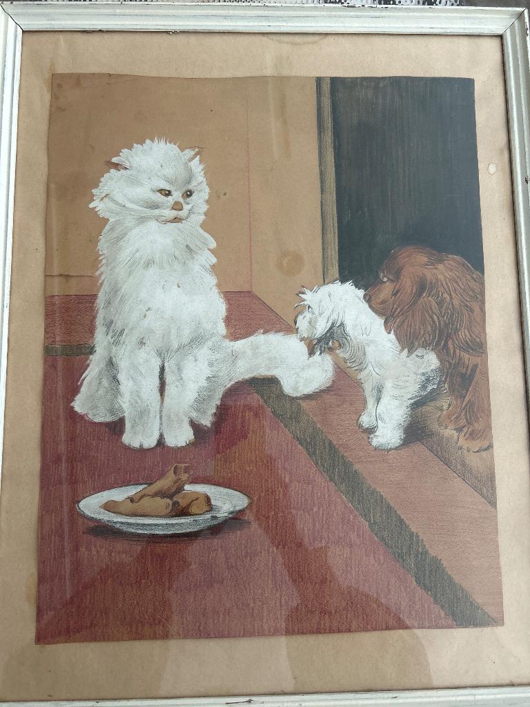Originele handgetekende illustratie Poes en honden Jaren 50, Antiek en Kunst, Kunst | Schilderijen | Klassiek, Ophalen of Verzenden