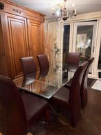 Eethoek met 6 lederen stoelen en glazen tafel, Ophalen, Gebruikt, 6 tot 8 stoelen